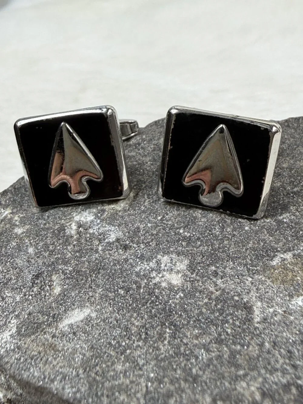 Vintage Foster Black Enamel & Silver Tone Spades Arrowhead Cufflinks Cuff Links